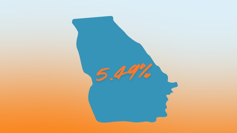 Georgia state outline displaying its 2025 progressive Income Tax rate of 5.49% in bold orange text
