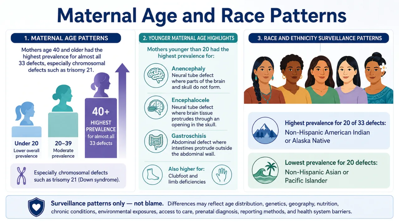 An infographic compares birth defect prevalence by maternal age and race or ethnicity