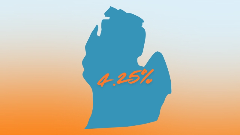 Michigan state outline displaying its 2025 flat Income Tax rate of 4.25% in bold orange text