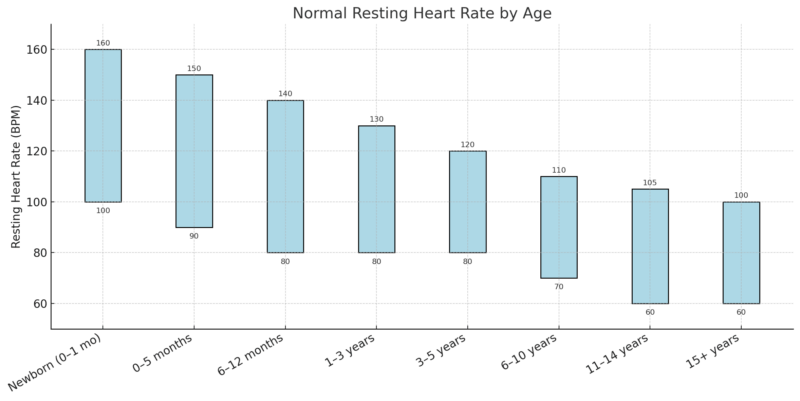 Chart showing normal resting heart rate by age group