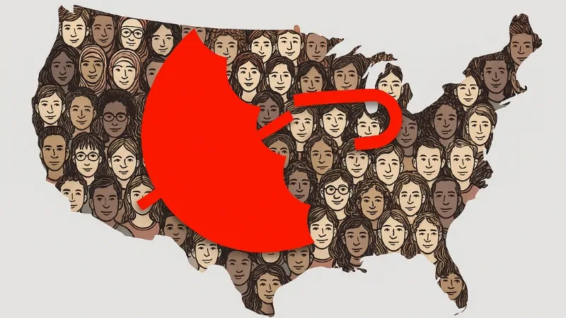 Map of the U.S. filled with illustrated faces and a red umbrella overlay, symbolizing changes in the uninsured rate since 2010