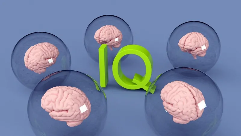 Brains in domes surround "IQ" text, relating to average IQ in the world
