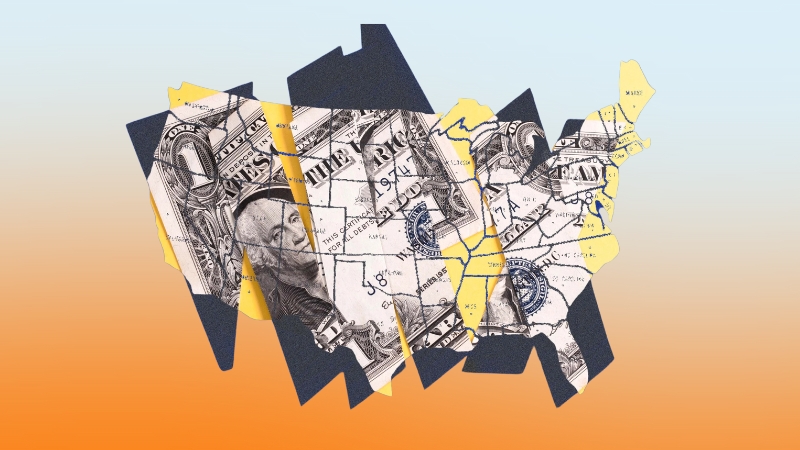 Map of the United States made of dollar bills representing state differences in Income Tax rates