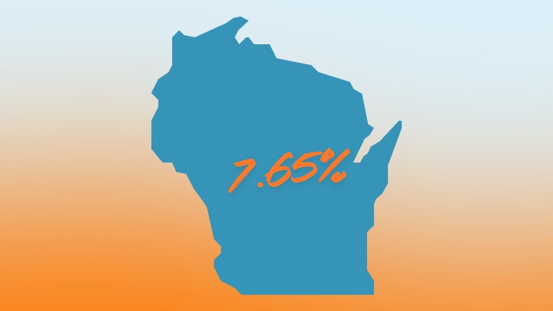 Wisconsin state outline with its 2025 Income Tax rate of 7.65% shown in bold orange text