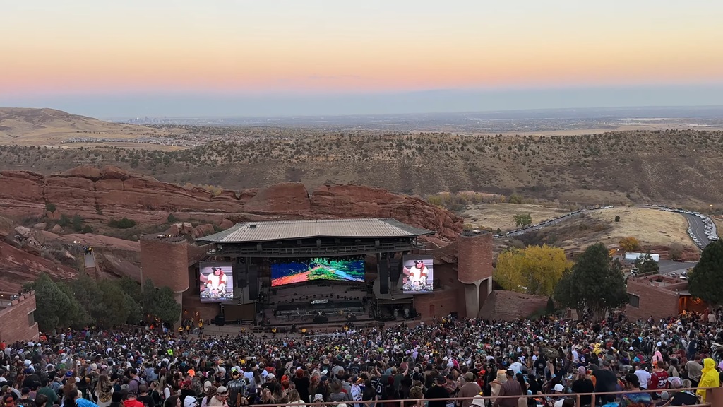 Crowds gathered at Red Rocks Amphitheatre near Denver at sunset
