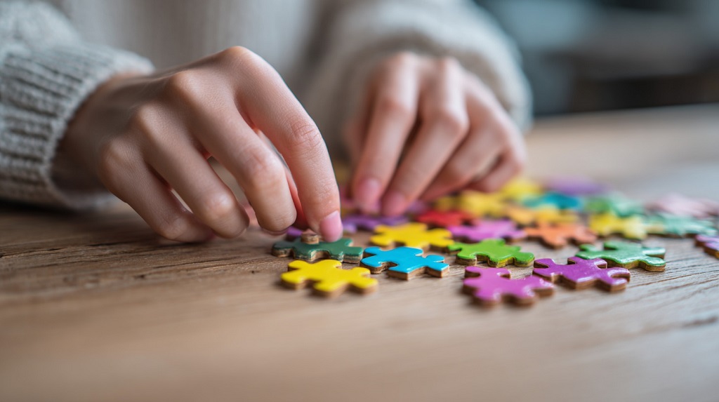 Young adult hands assembling a colorful wooden puzzle on a desk in natural light