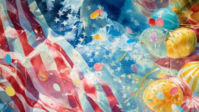 Colorful illustration showing American flags, balloons, confetti, and festive decorations celebrating July 4th