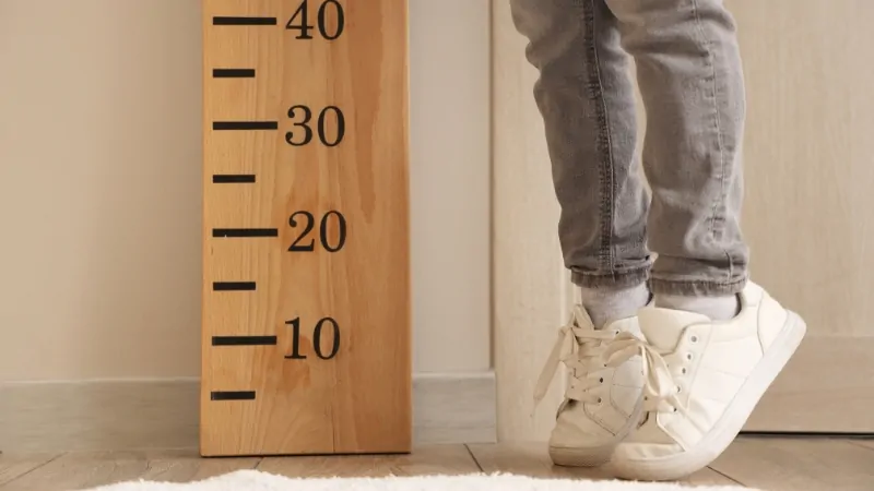 A child stands on tiptoes beside a height chart, symbolizing changes in average human height