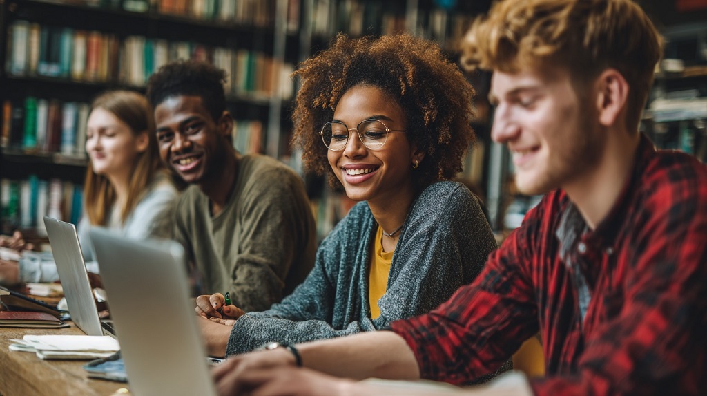 A diverse group of college students studying at a library table with laptops and notes