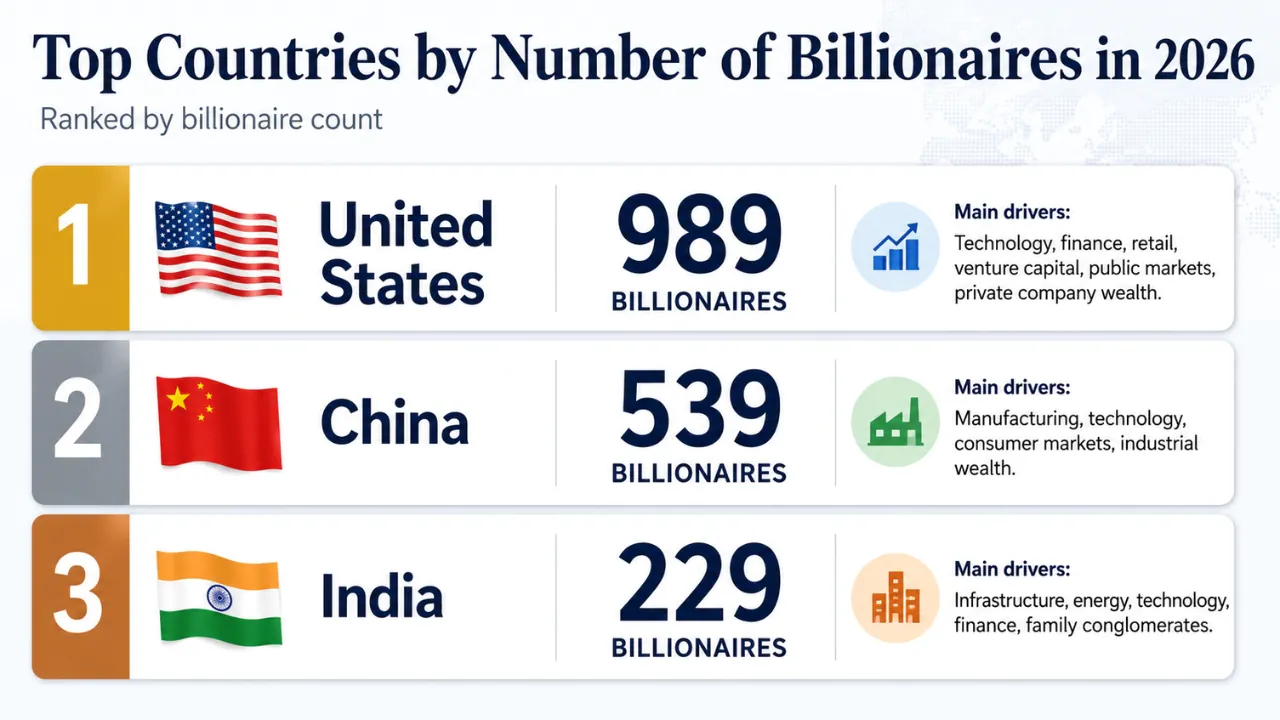 Infographic ranks the United States, China, and India by billionaire count in 2026