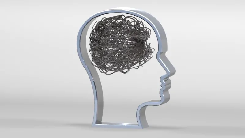 A metallic head outline shows tangled wires inside to represent unmet mental health treatment needs