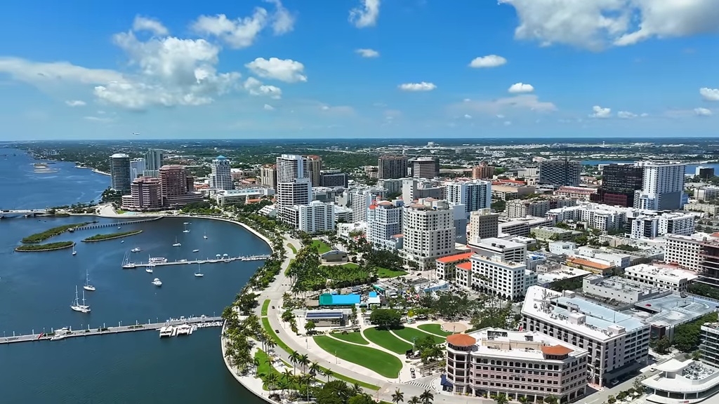 Aerial view of West Palm Beach waterfront and downtown skyline