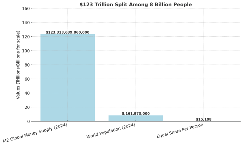 Chart in light blue with clear numbers displayed on each bar, making the global money supply, world population, and per-person share easy to compare