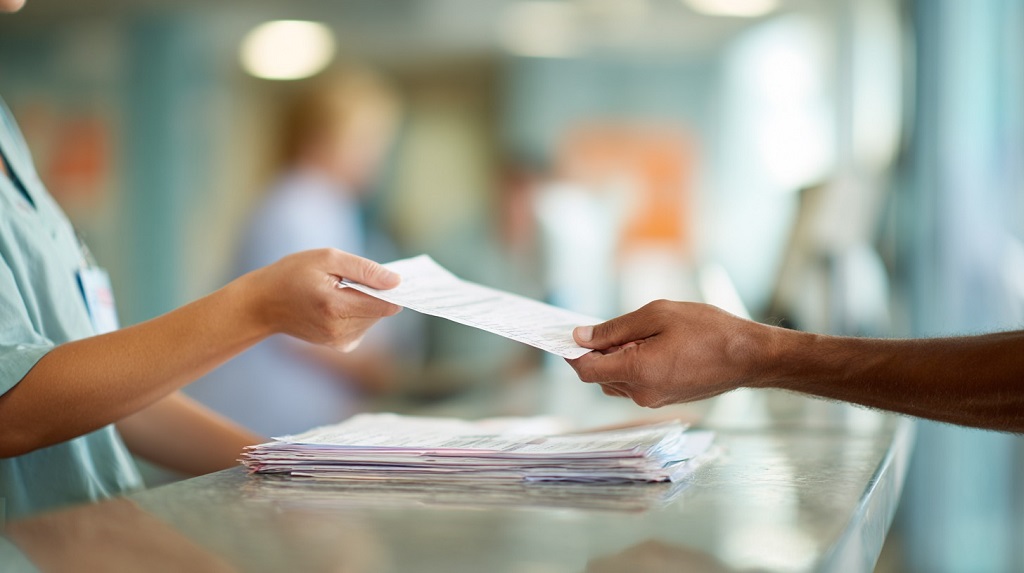 Close-up of paperwork being exchanged between a nurse and a parent at a hospital counter, symbolizing certificate of live birth registration