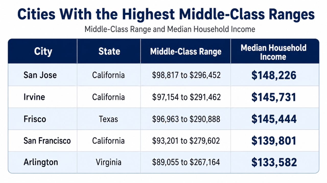 A table shows high middle-class ranges and median household incomes for five U.S. cities