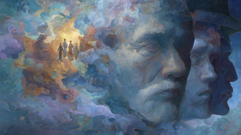 Surreal image of faces in clouds with a glowing group of people in the background