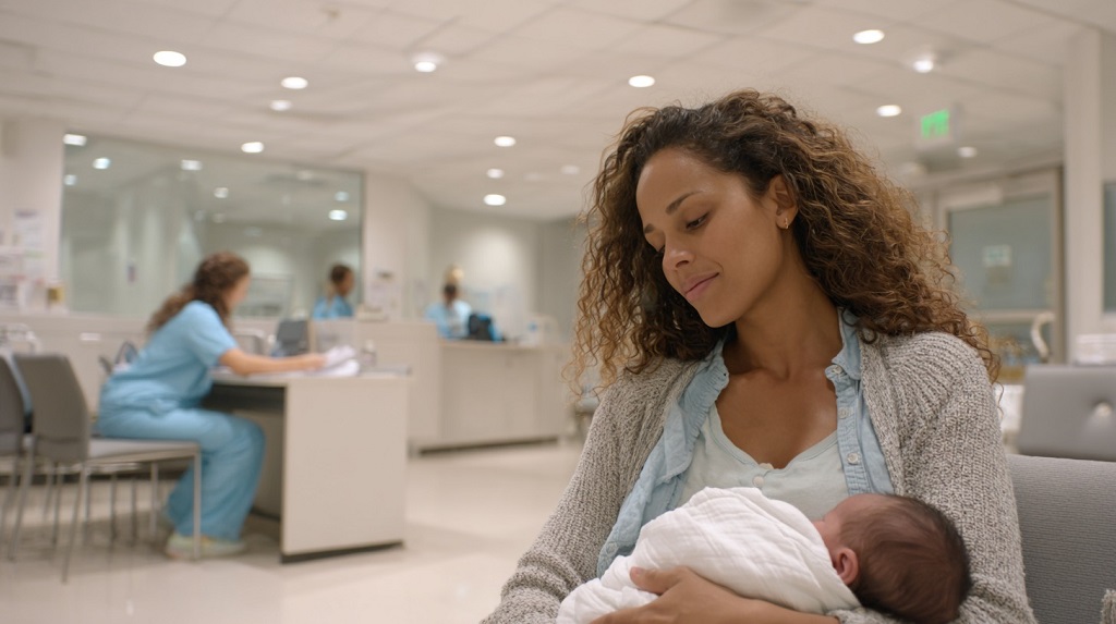 Mother sitting in a clean hospital waiting area holding her newborn, while nurses work at the registration desk in the background