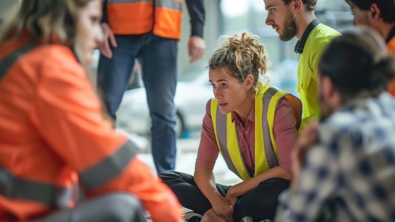 Emergency responders discuss a critical situation during a rescue operation