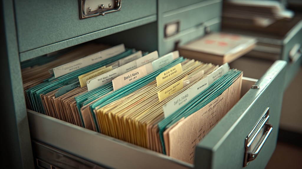 Close-up of an open filing cabinet filled with folders labeled birth records, some sections missing documents