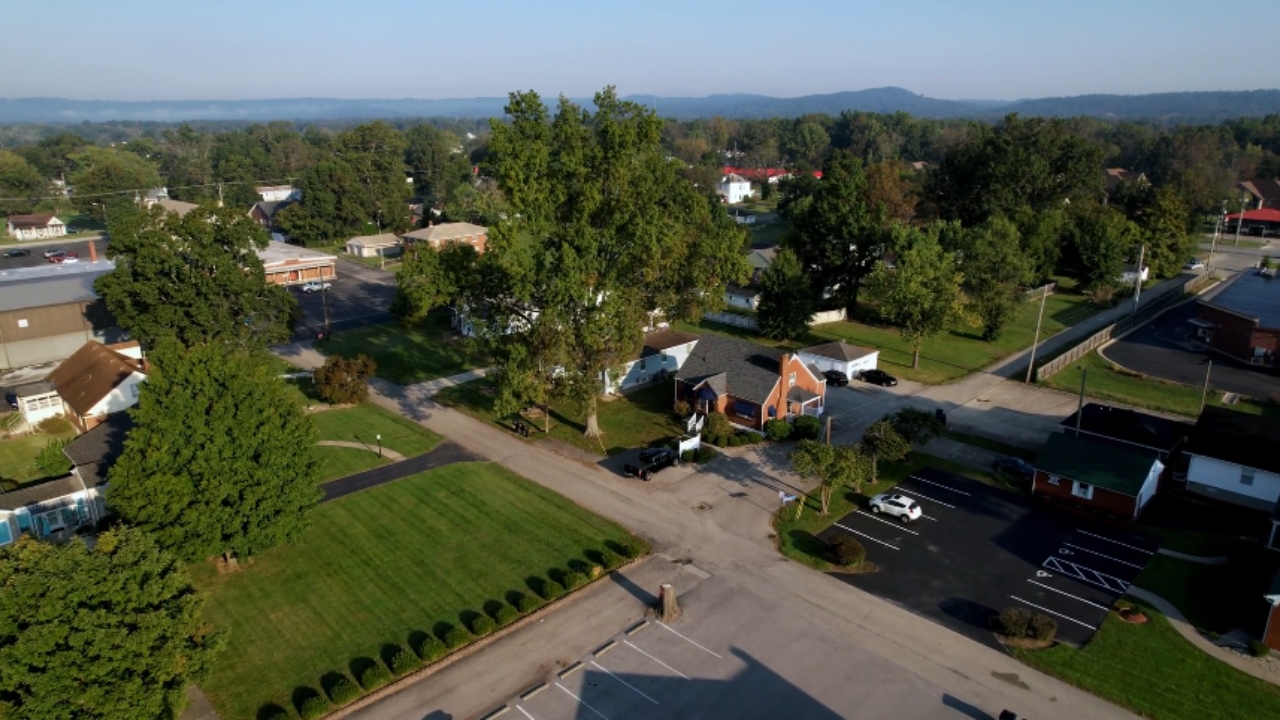Aerial view shows a quiet suburban neighborhood with roads, houses, trees, and small lots
