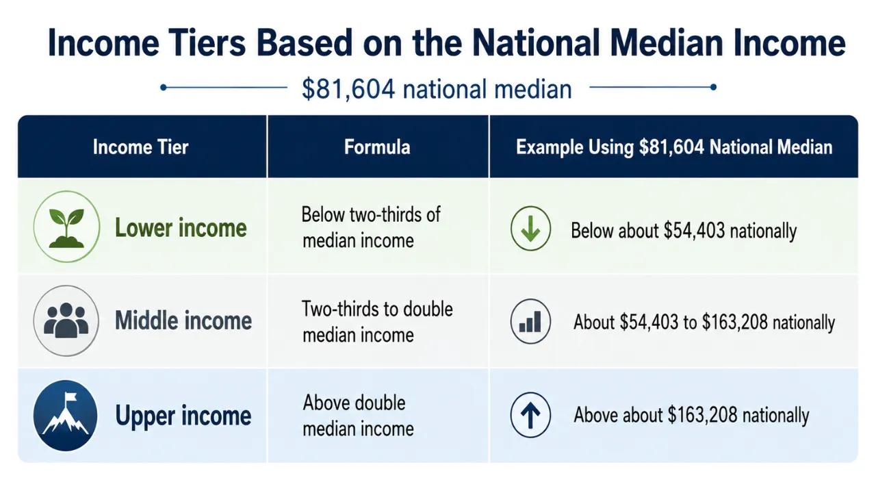 A clean infographic shows lower, middle, and upper income tiers based on an $81,604 national median