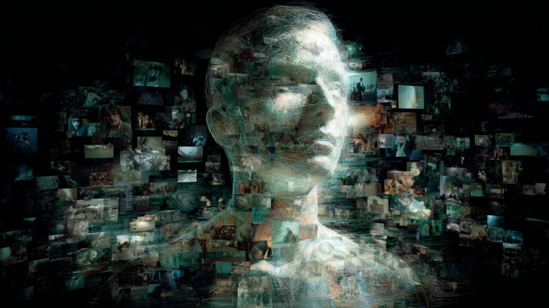Digital artwork of a human figure surrounded by floating images, suggesting intense visual memory and mental processing