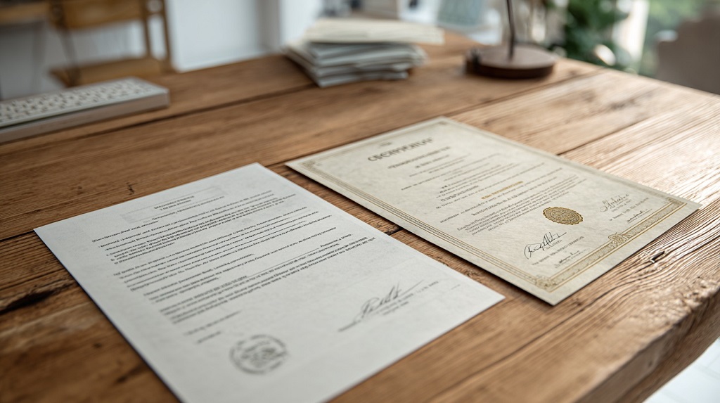 Two official documents on a desk, one resembling a certificate of live birth and the other a certified birth certificate with a gold seal