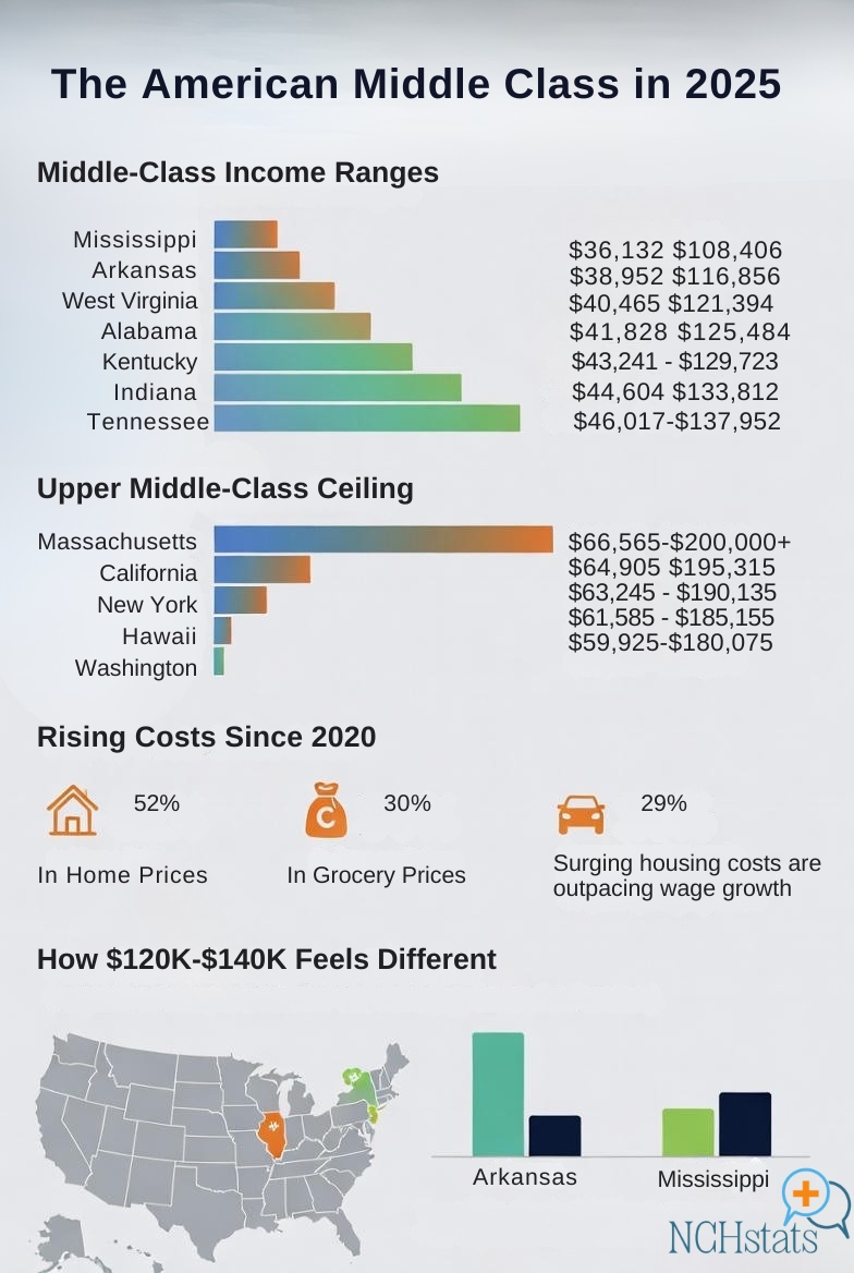 A 2025 infographic shows middle-class income ranges, rising costs, and differences in how incomes stretch across U.S. states