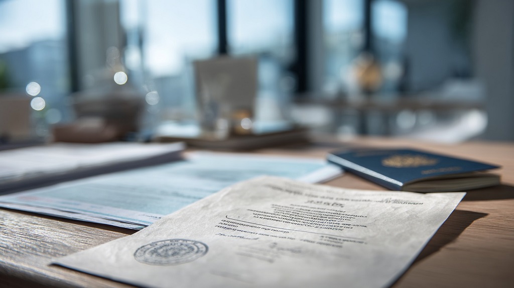 Close-up of an official birth certificate and translated documents with a passport on a wooden desk, symbolizing international use