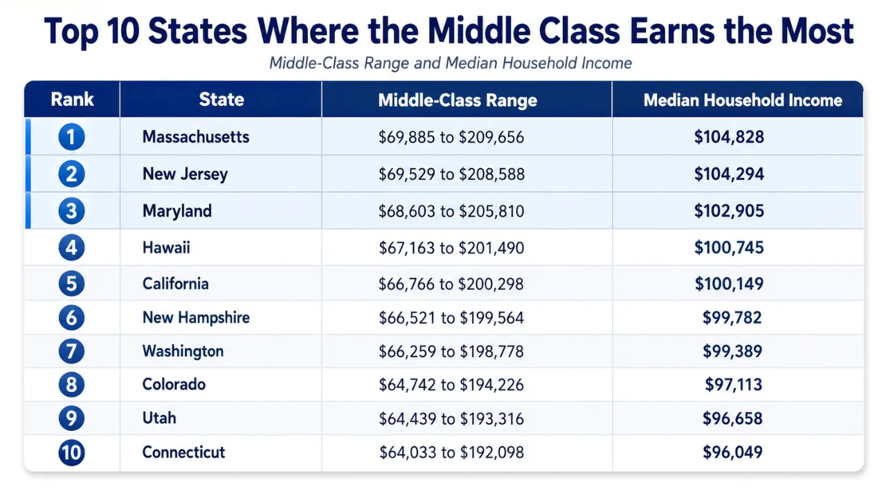 A table shows the top 10 states with the highest middle-class income ranges and median household incomes
