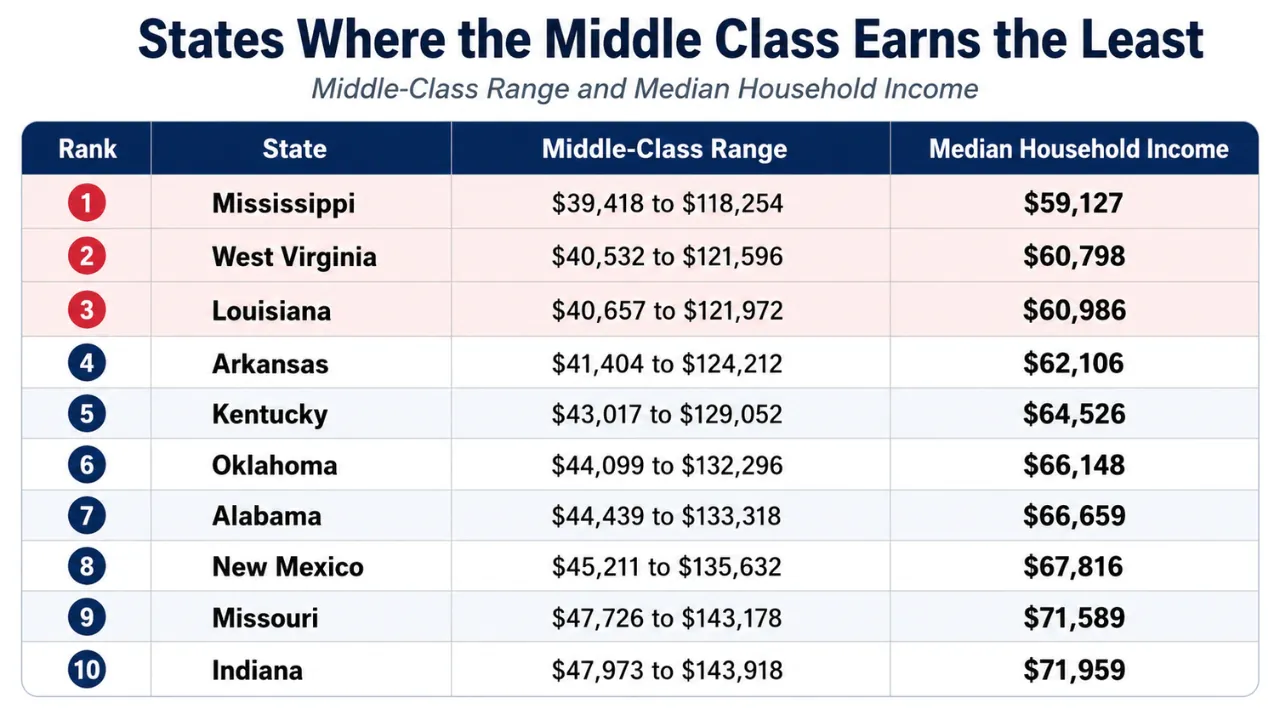 A table lists the 10 states where the middle class earns the least, with income ranges and median household incomes