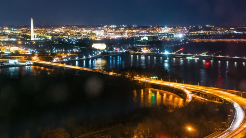 Washington, D.C. skyline at night with illuminated roads and landmarks showing the city’s strong traffic safety measures