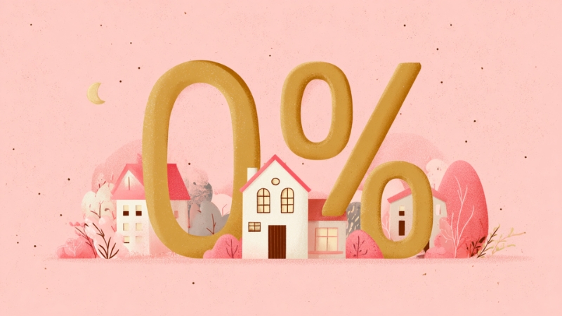 Illustration of houses with a large 0% symbol, representing zero-interest home renovation loans