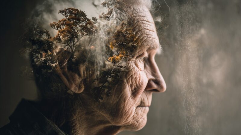 Elderly person in profile with a double exposure effect showing trees over their head, symbolizing memory and dementia