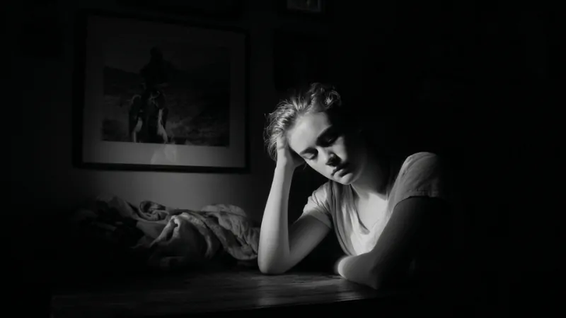 Black and white photo of a woman sitting with her head on her hand, showing anxiety and depression