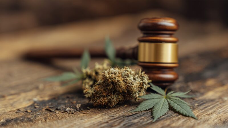 Close-up of cannabis buds and leaves placed beside a judge’s gavel on a wooden surface