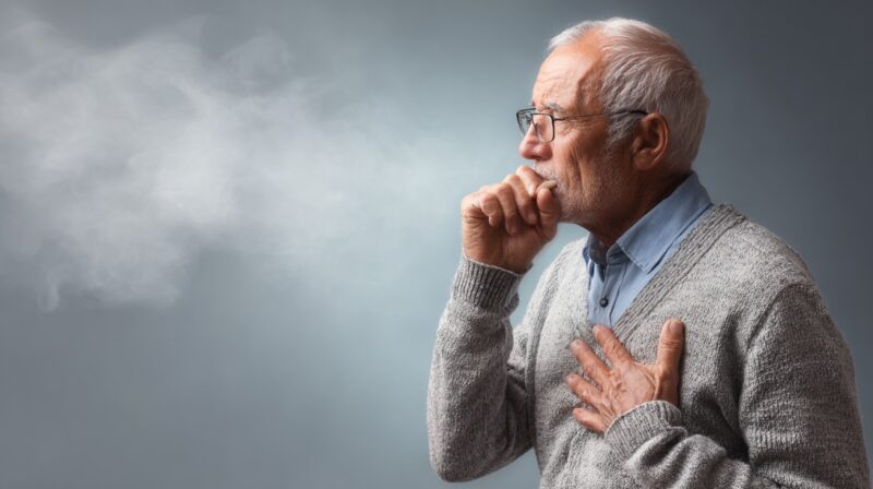Elderly man coughing while holding his chest, surrounded by smoke, symbolizing chronic lung disease and COPD