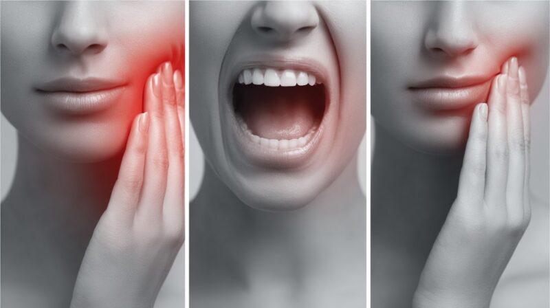 Collage of a woman holding her cheek in pain and opening her mouth, highlighting dental and oral health issues