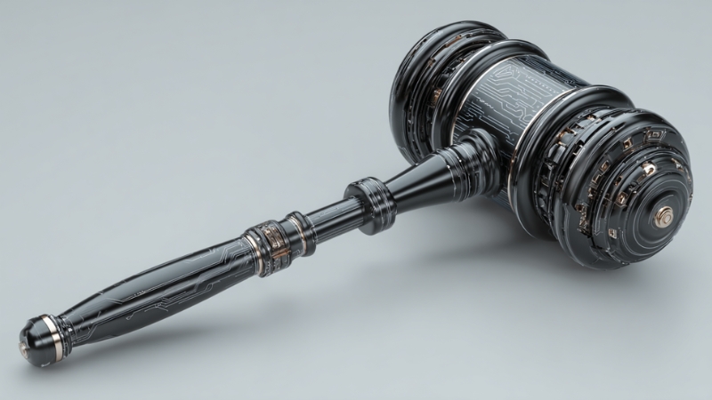 A futuristic gavel with circuit-like patterns symbolizing enforcement of the WOPR Act 2025 in Illinois