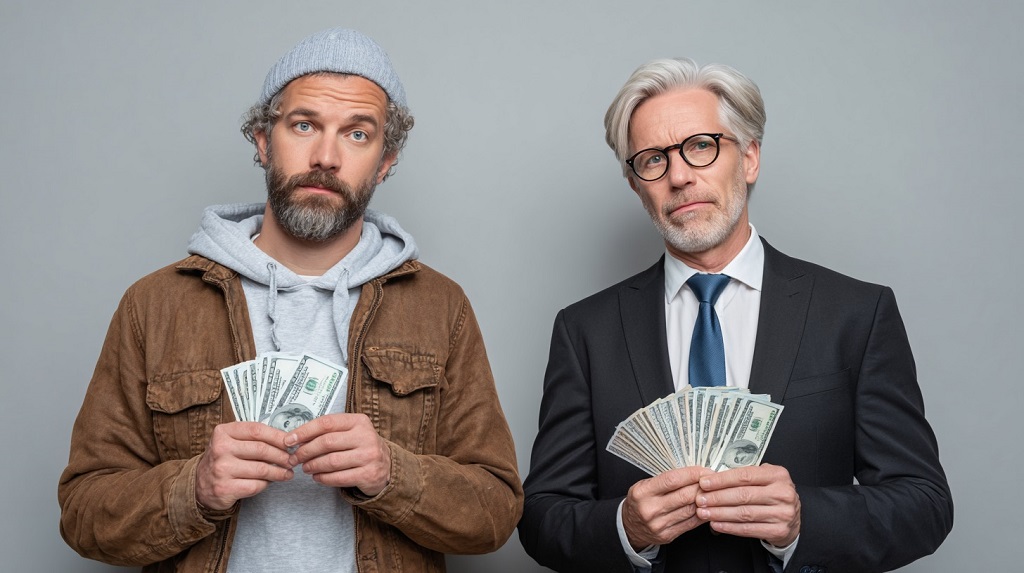 An average American man holding a few dollar bills standing next to a wealthy businessman holding a large amount of cash, representing the gap in federal income taxes by wealth bracket
