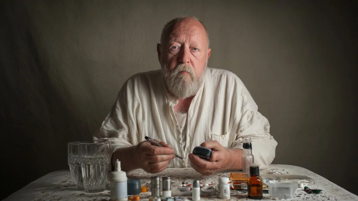 An elderly man with a glucose meter and various medications sits at a table, monitoring his health