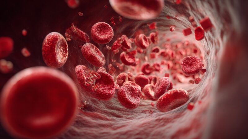 Close-up 3D view of red blood cells flowing inside an artery, symbolizing the effects of high cholesterol