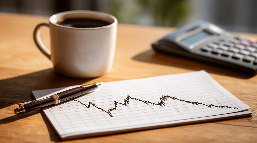 A simple line chart on paper with a downward trend, symbolizing how U.S. federal income tax rates declined after 2017, reflecting the impact of the Tax Cuts and Jobs Act