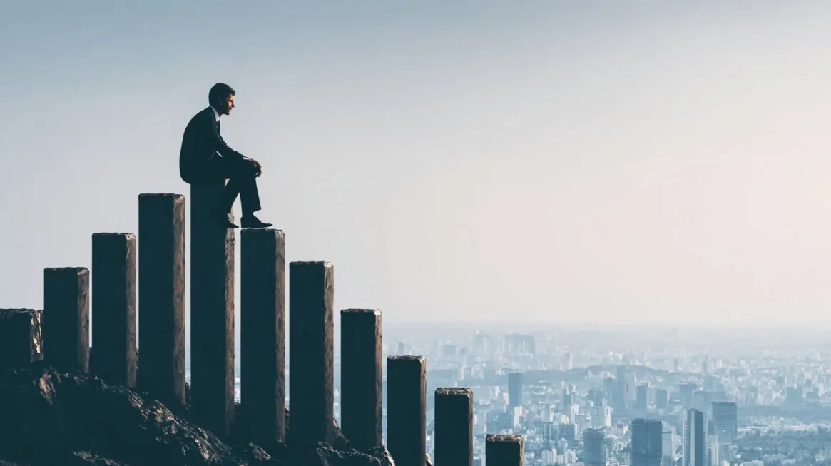 Businessman in a suit sitting on tall bar-chart pillars overlooking a city, symbolizing economic and hiring trends