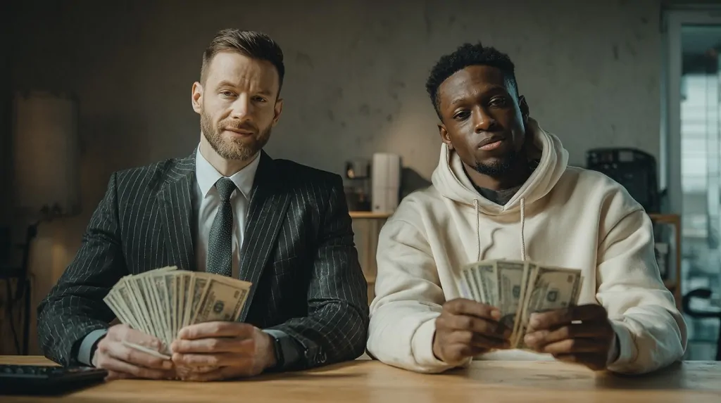 A wealthy businessman with a large stack of cash contrasted with a middle-class man holding only a few bills, illustrating IRS 2024 data showing that millionaires contribute nearly 40% of federal income taxes while middle-income earners pay far less.