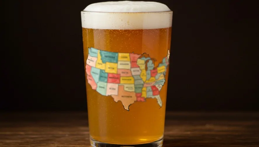 A beer glass featuring a detailed map of the United States printed on its surface