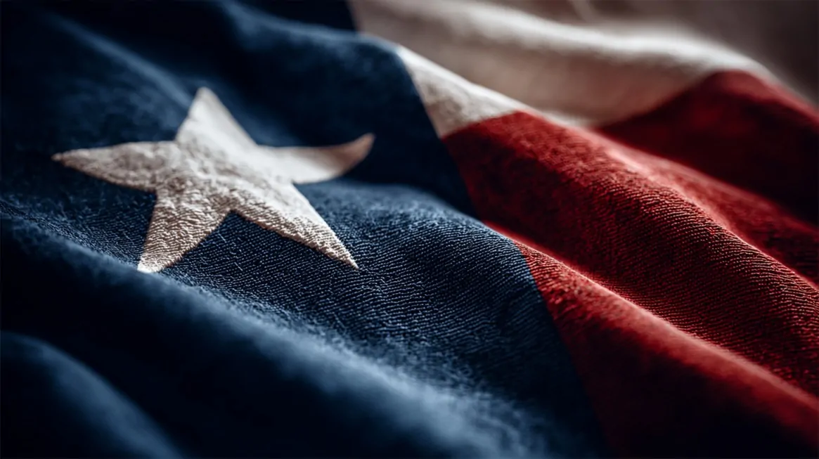 Close-up of the Texas state flag showing the white star on a blue background with red and white stripes