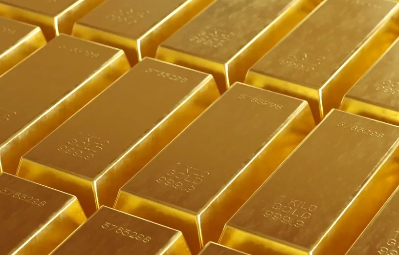 A close-up view of a arranged collection of 1-kilogram gold bars
