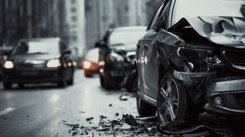Crashed cars on a city street, symbolizing unintentional injuries such as vehicle accidents and falls