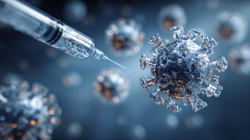 Close-up digital illustration of a syringe needle approaching a virus particle, symbolizing vaccines preventing infections